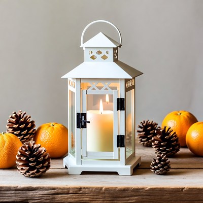 White Lantern with Candle and Pine Cones