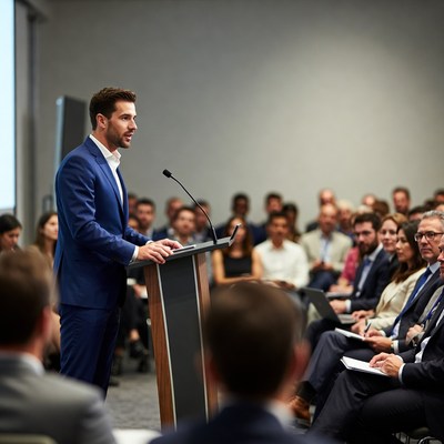 Man speaking at conference podium