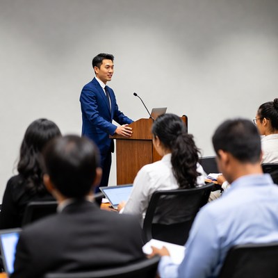 Asian man speaking at podium