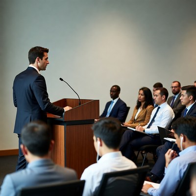 Man speaking at business podium