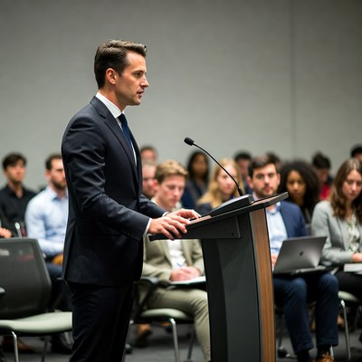 Man speaking at podium conference