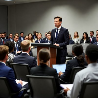 Man speaking at business conference podium