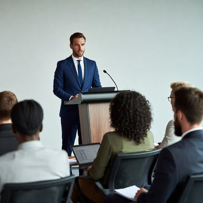 Man speaking at business conference podium