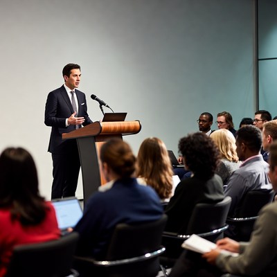 Man speaking at podium to audience