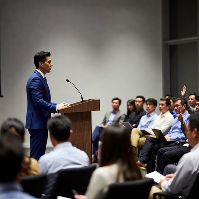 Man speaking at business conference podium