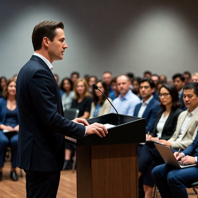 Man speaking at podium to audience