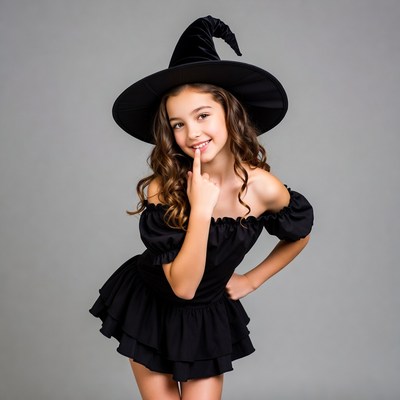 Girl in witch costume shushing