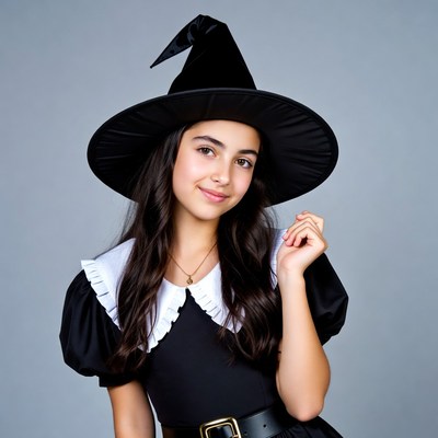 Girl in black witch costume with hat