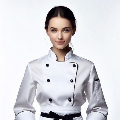 Young woman in white chef uniform