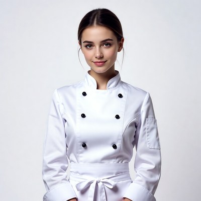 Young woman in white chef uniform