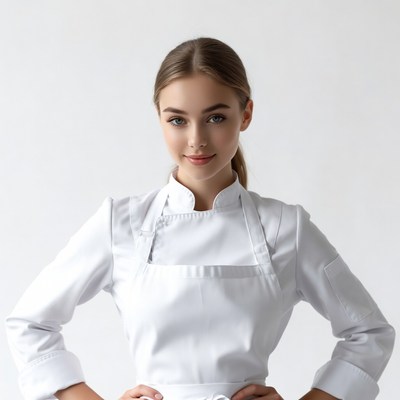 Young woman in white chef uniform
