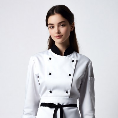 Young woman in white chef uniform