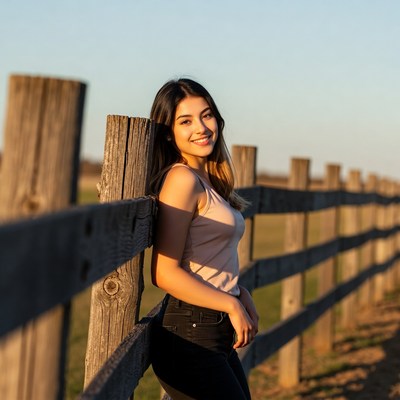 Smiling Asian woman leaning on wooden fence