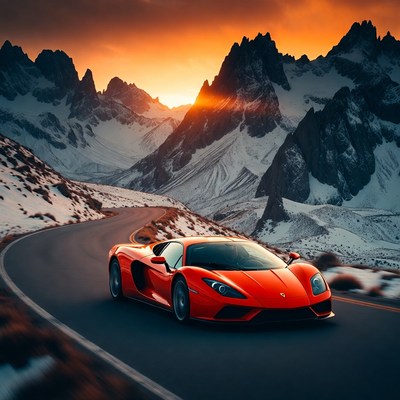 Red Supercar Driving Snowy Mountain Road