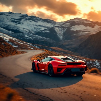 Red Supercar on Mountain Road