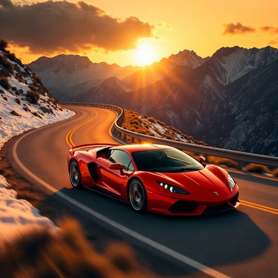 Red Lamborghini on snowy mountain road at sunset