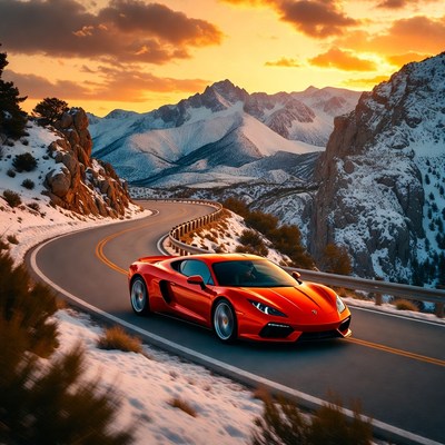 Red Supercar Driving Mountain Sunset Road