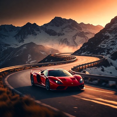 Red Supercar Driving Snowy Mountain Road