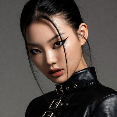 Asian woman in black leather jacket