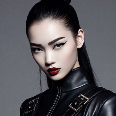 Asian woman in black leather outfit