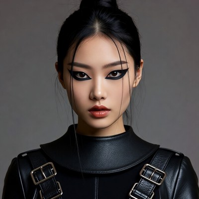Asian woman in black leather outfit