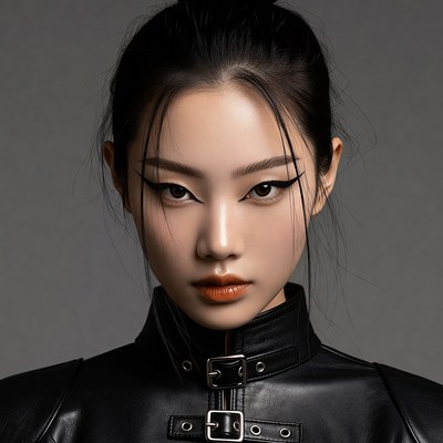 Asian woman in black leather collar