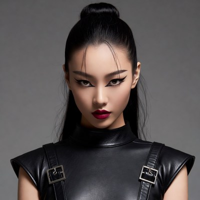 Asian woman in black leather outfit