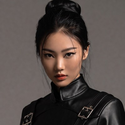 Asian woman in black leather dress