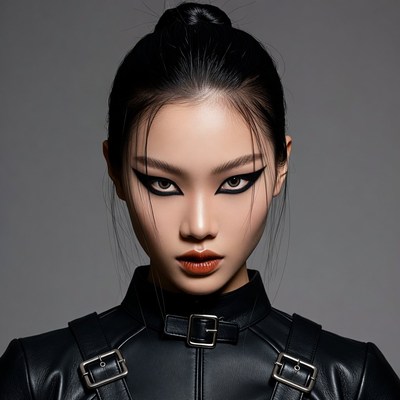 Asian woman in black leather outfit