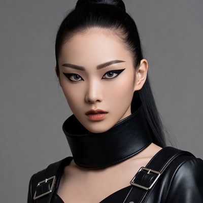 Asian woman in black leather choker