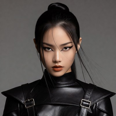 Asian woman in black leather outfit