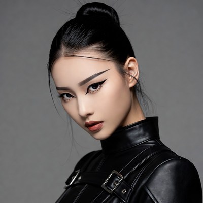 Asian woman in black leather outfit