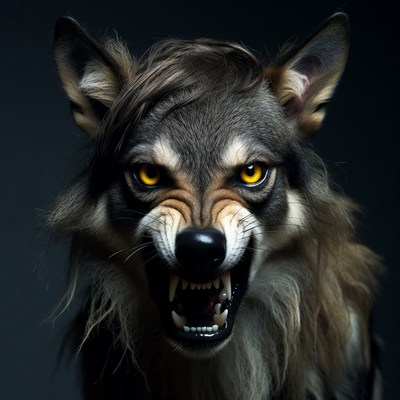 Growling Gray Wolf with Yellow Eyes