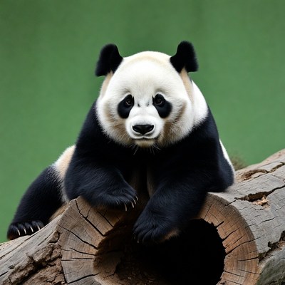 Panda resting on log