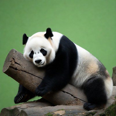 Panda resting on log