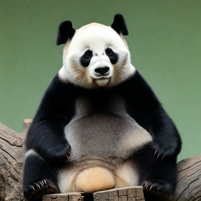 Giant panda sitting on log