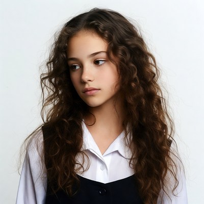 Girl with curly hair in school uniform