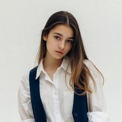 Teen girl in white shirt and navy vest
