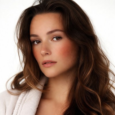 Woman with brown hair in white robe