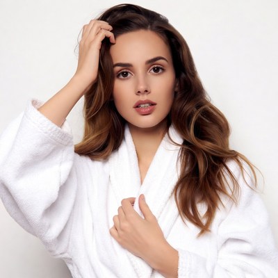 Woman in white bathrobe touching hair