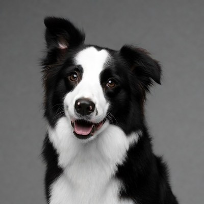 Border Collie smiling on gray background