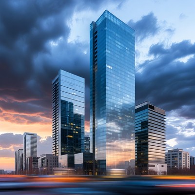 Modern Skyscrapers at Sunset with Traffic Blur