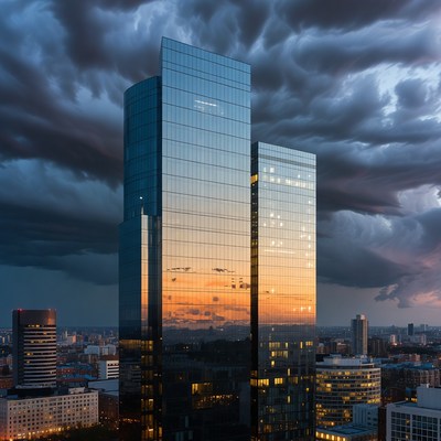Twin Glass Skyscrapers in Stormy Sunset