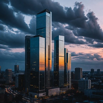 Skyscrapers at Sunset with Stormy Clouds