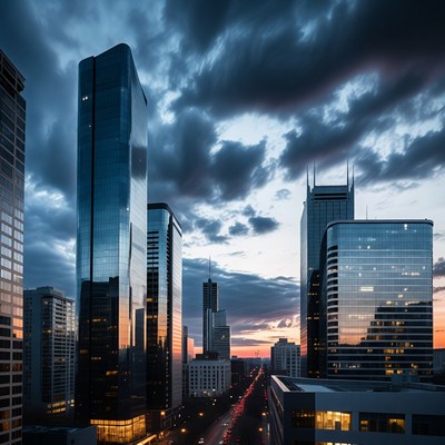Skyscrapers at Sunset with Stormy Clouds