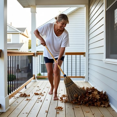 Woman sweeping leaves on porch