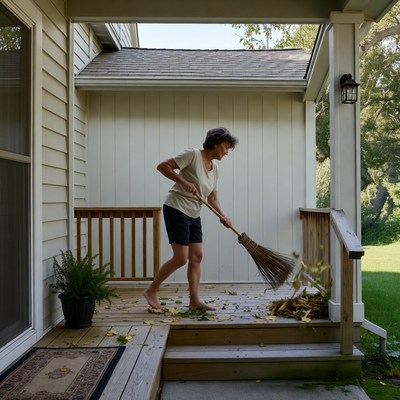 Woman sweeping leaves on porch