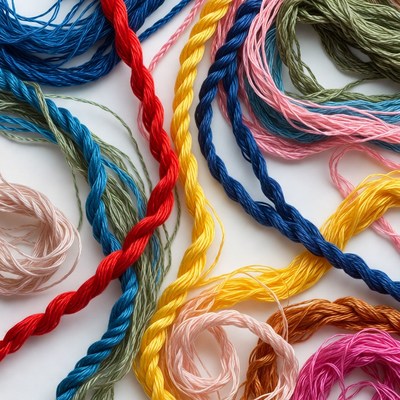 Colorful embroidery threads on white background