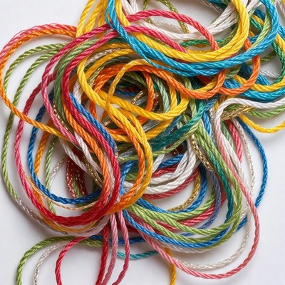 Colorful tangled ropes on white background