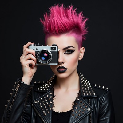 Woman with pink mohawk holding camera